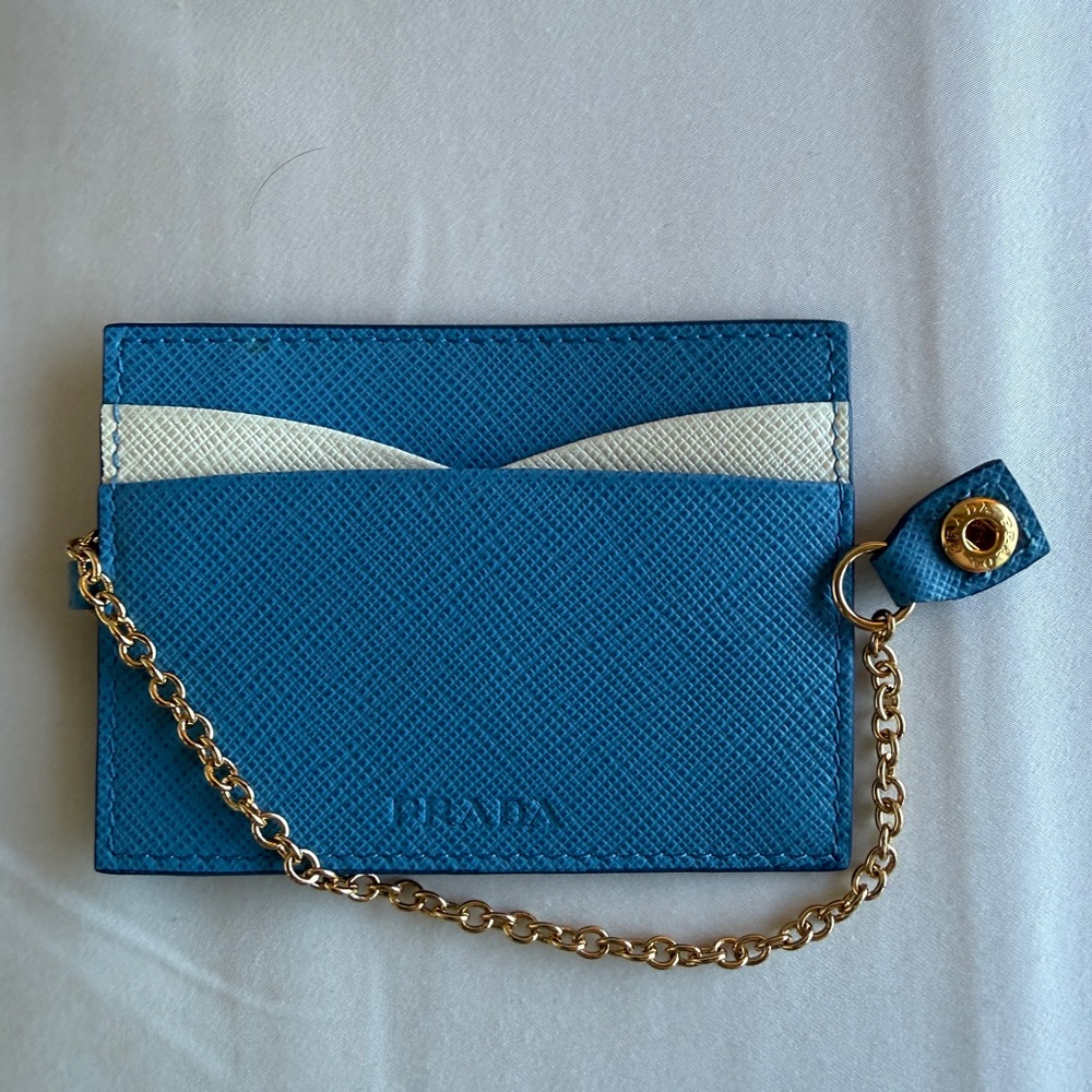 Prada Teal Card Holder with Gold Chain